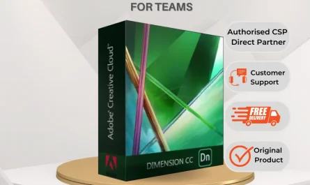 The Packaging For Adobe Dimension For Teams Highlights &Quot;New License - Multiple Platforms - 1 User/Year,&Quot; Boasting Benefits Like Exceptional Customer Support, Free Delivery, And Authenticity. Logos For Adobe And Solusi Are Prominently Displayed To Reinforce Trust And Quality.