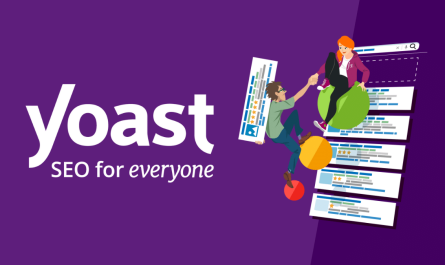 Illustration Of A Person Helping Another Climb Over Various Search Result Elements, With The Text &Quot;Yoast Seo Premium For Everyone&Quot; On A Purple Background.