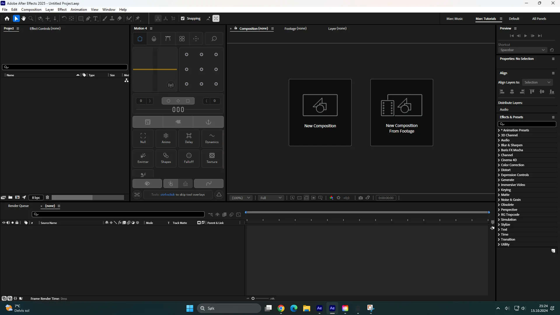 Adobe After Effects 2025 For Windows V25.2.2 Help To Create Incredible Motion Graphics Software Screenshot Of Adobe After Effects Interface. The Workspace Displays Options For Creating A New Composition Or A New Composition From Footage, With Various Tool Panels And A Timeline Visible. Ideal For Those Looking To Create Incredible Motion Graphics, The Windows Taskbar Is At The Bottom.