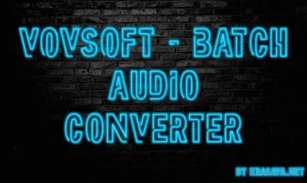 Neon Blue Text On A Dark Brick Wall Reads &Quot;Vovsoft - Batch Audio Converter For Windows Pc&Quot; With &Quot;By Kraken.net&Quot; In Smaller Text At The Bottom Right.