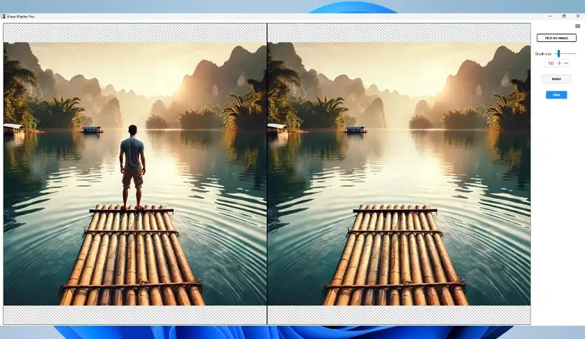 Ai Object Erasure 2025 V1.1.4 Best Effortless Object Removal &Amp; Image Restoration A Person Stands On A Bamboo Raft On A Serene Lake Surrounded By Lush Greenery And Misty Mountains. The Sun Casts A Warm Glow On The Water. The Image Is Duplicated Side By Side With Editing Controls For Object Removal On The Right, Inviting Seamless Enhancement.