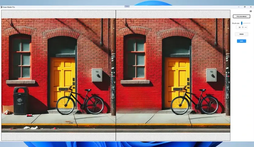 Ai Object Erasure 2025 V1.1.4 Best Effortless Object Removal &Amp; Image Restoration A Split-Screen Image Featuring Two Identical Scenes Of A Brick Building With A Yellow Door And An Adjacent Black Bicycle. A Trash Can Is On The Left, But Thanks To Ai Object Erasure, It Has Been Seamlessly Removed In The Right Scene. Sunlight Casts Shadows On The Ground.