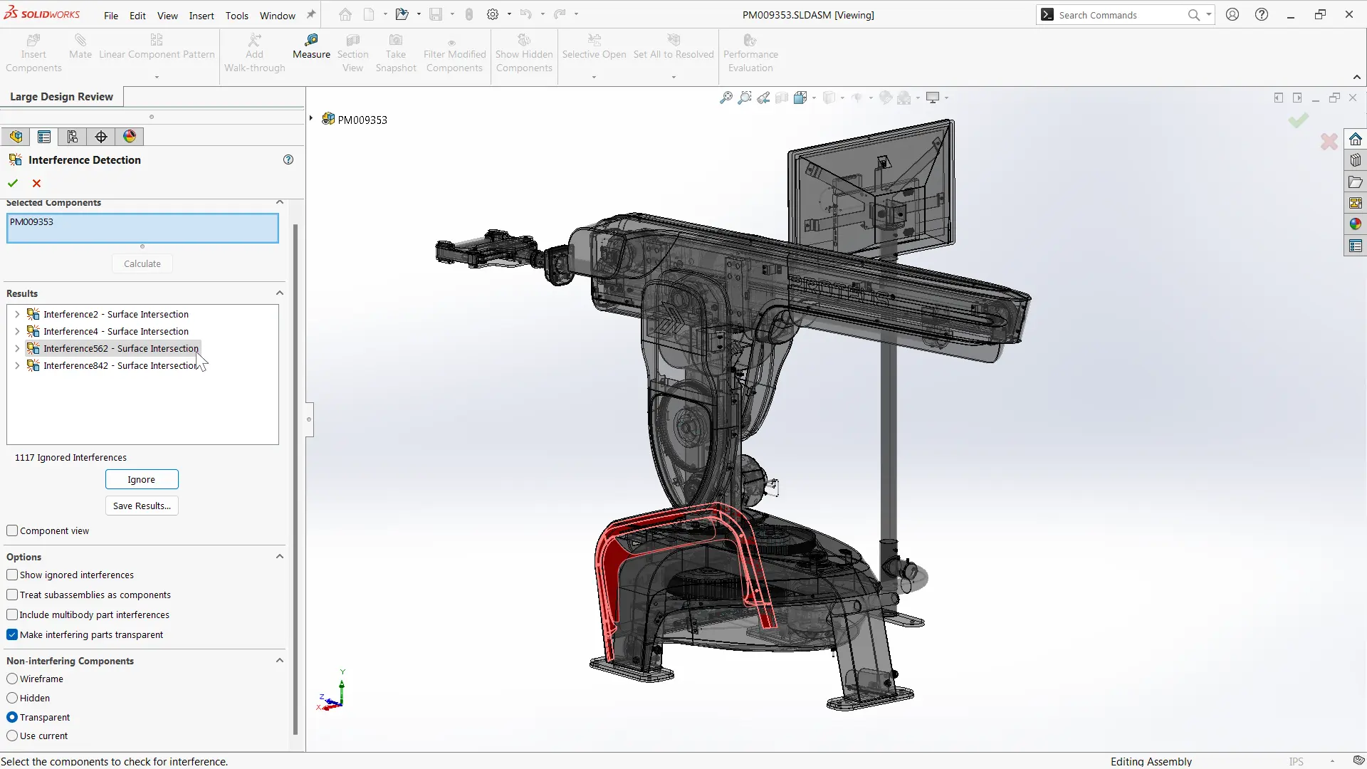 Solidworks Premium 2025 Sp1.1 Best 2D,3D Cad Design Software A Digital Rendering Of A Robotic Arm In Solidworks Premium 2025 Shows Its Internal Components. The Interface Displays Interference Detection With Red-Highlighted Sections, A Feature Tree On The Left, And Various Toolbars And Controls At The Top.