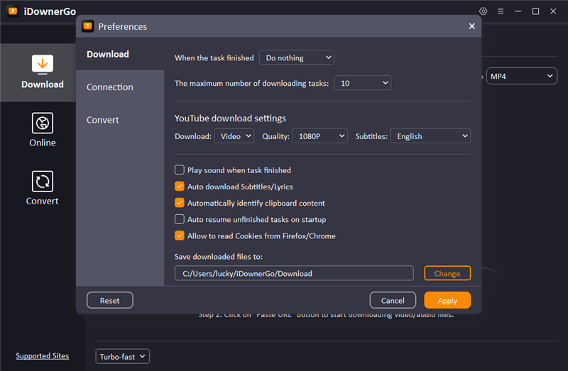 Idownergo Software 9.4.0 Best Video Downloader And Music Converter Software Idownergo Software Setting Tab 2
